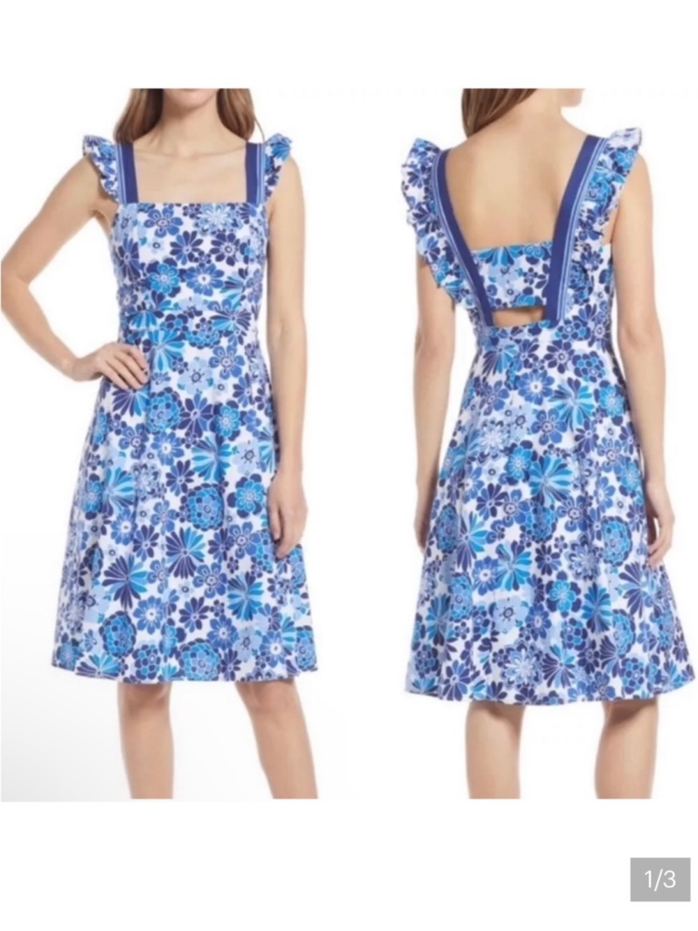 Tahari ASL Size 10 Blue Floral A-Line Dress with Ruffle Straps